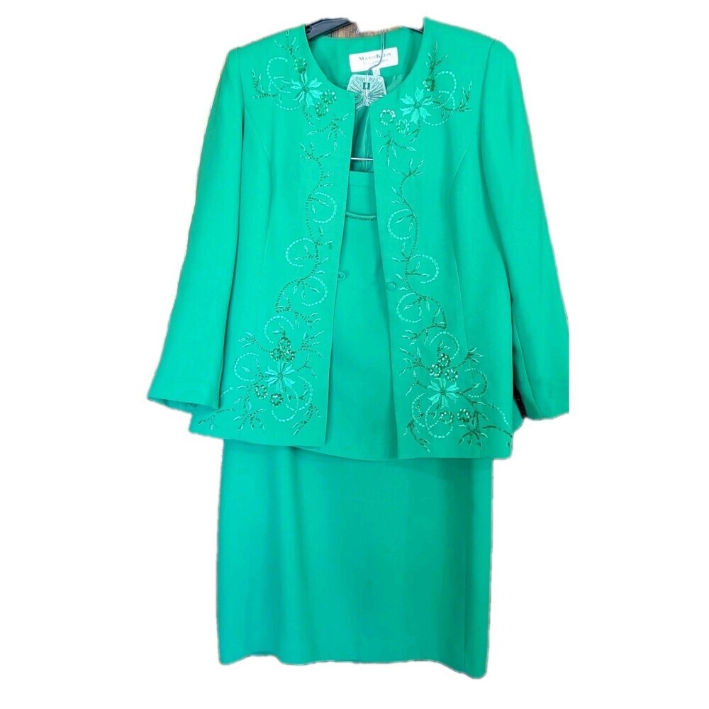 Maxie Klein Vintage 90s Emerald Green Sequin 3pc Skirt & Tank Suit Set Size 14
